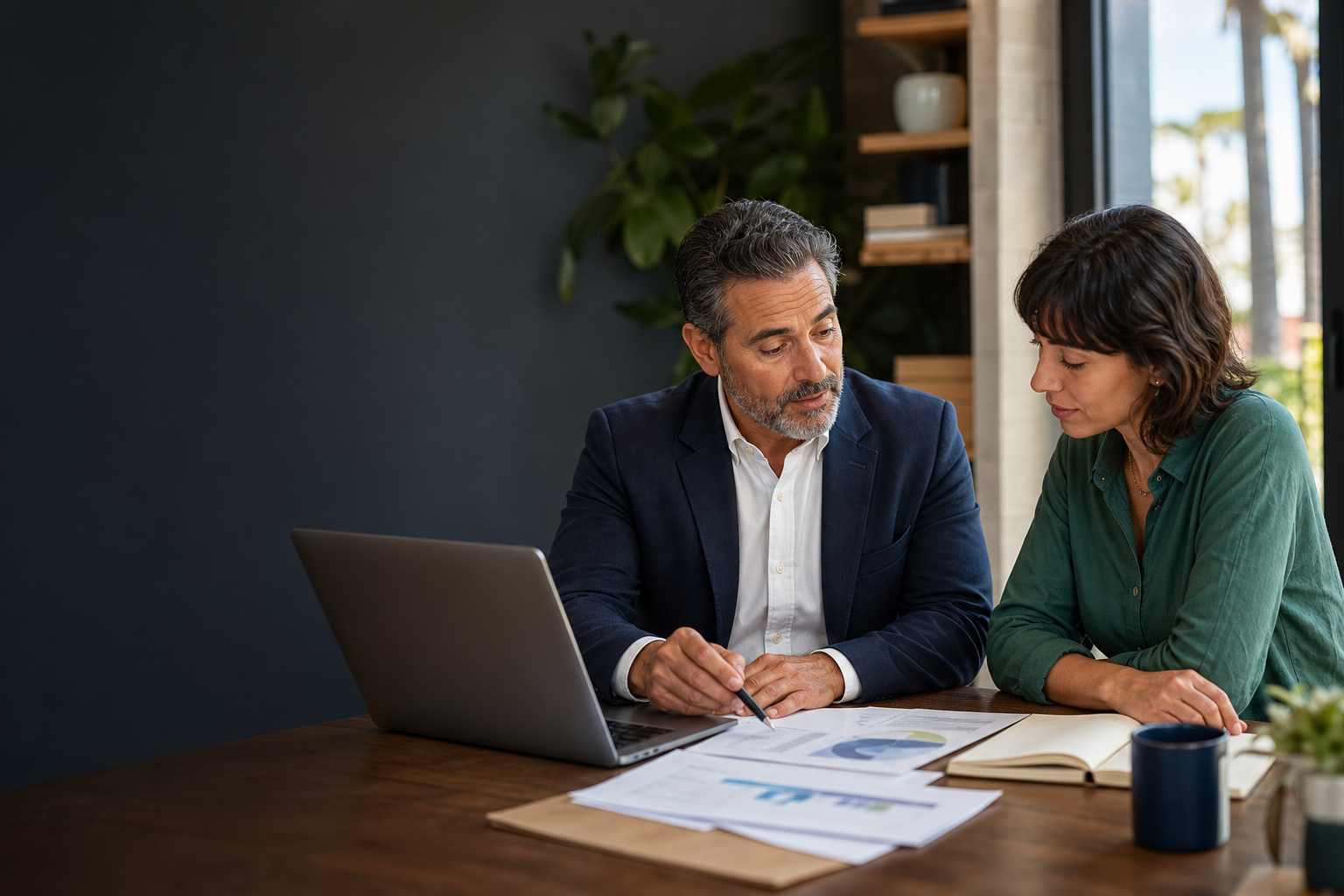 Los Angeles business owner reviewing financial reports with an accounting professional